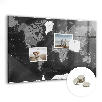 Magnetic glass dry erase board with a black world map