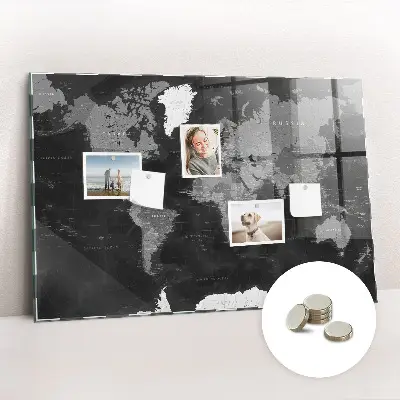Magnetic glass dry erase board with a black world map