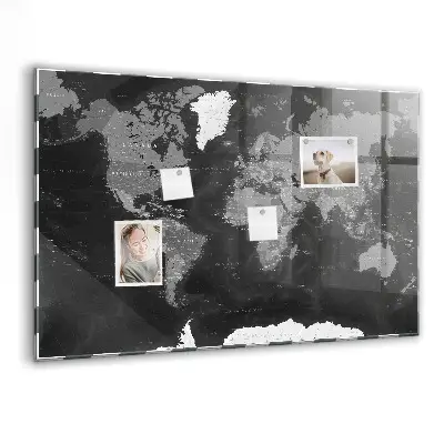 Magnetic glass dry erase board with a black world map