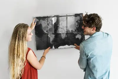 Magnetic glass dry erase board with a black world map