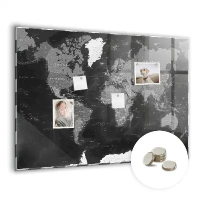Magnetic glass dry erase board with a black world map