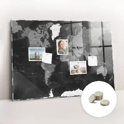 Magnetic glass dry erase board with a black world map