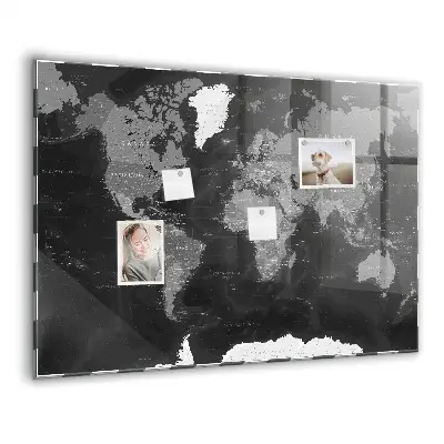 Magnetic glass dry erase board with a black world map