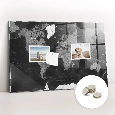 Magnetic glass dry erase board with a black world map