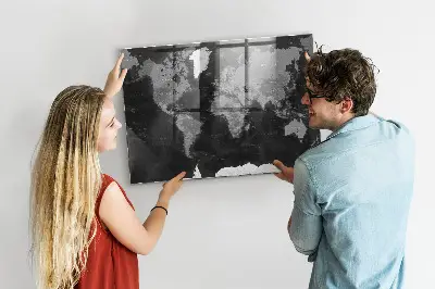 Magnetic glass dry erase board with a black world map