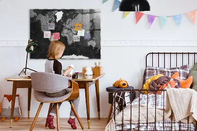 Magnetic glass dry erase board with a black world map