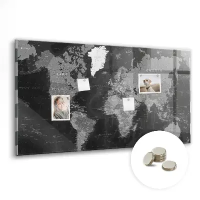 Magnetic glass dry erase board with a black world map