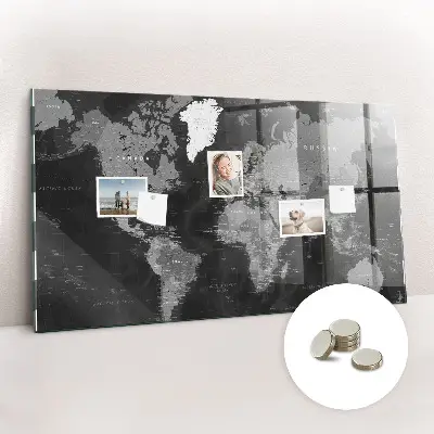 Magnetic glass dry erase board with a black world map
