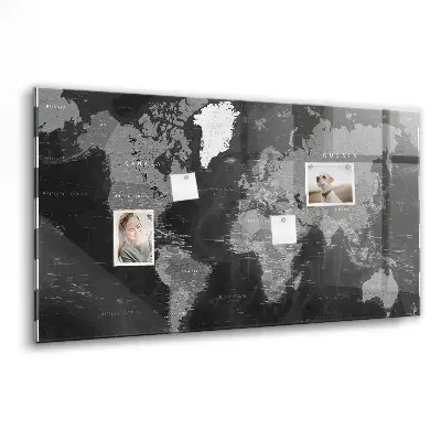 Magnetic glass dry erase board with a black world map