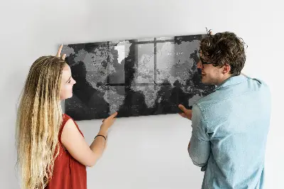 Magnetic glass dry erase board with a black world map