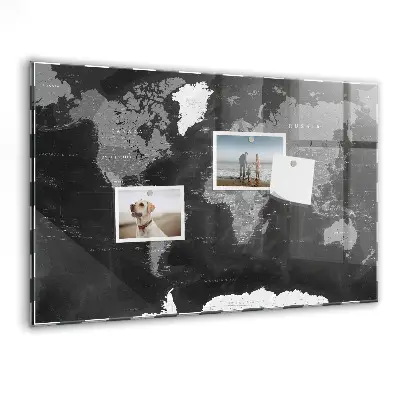 Magnetic glass dry erase board with a black world map