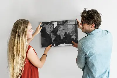 Magnetic glass dry erase board with a black world map