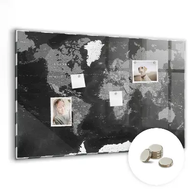 Magnetic glass dry erase board with a black world map