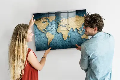 Magnetic glass dry erase board 3D world map