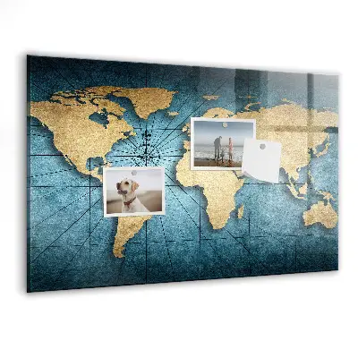 Magnetic glass dry erase board with 3D world map design