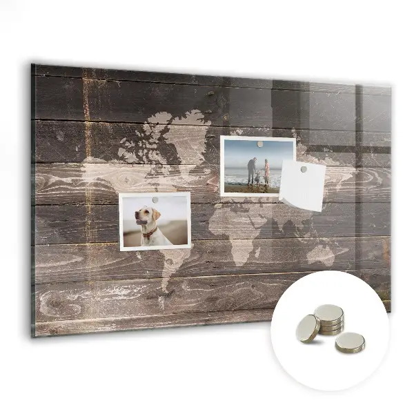 Magnetic World map wall board on wood