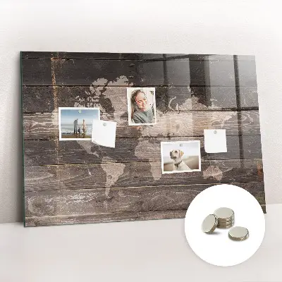 Magnetic World map wall board on wood