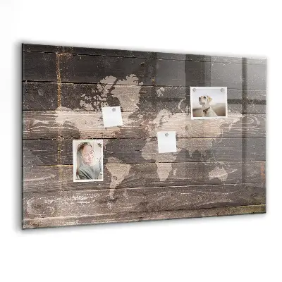 Magnetic World map wall board on wood