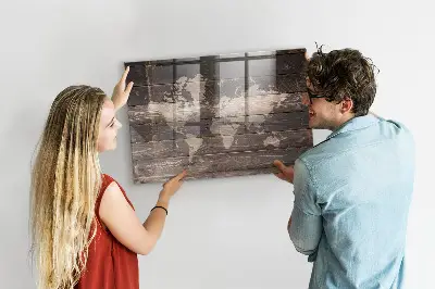 Magnetic World map wall board on wood