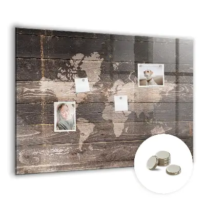 Magnetic World map wall board on wood