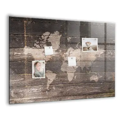 Magnetic World map wall board on wood