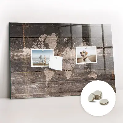 Magnetic World map wall board on wood