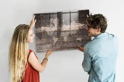 Magnetic World map wall board on wood