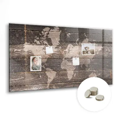 Magnetic World map wall board on wood