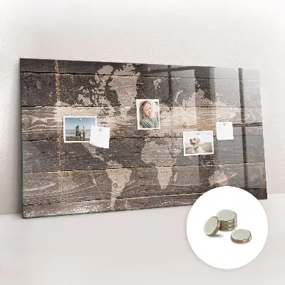 Magnetic World map wall board on wood