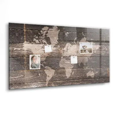 Magnetic World map wall board on wood