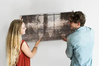 Magnetic World map wall board on wood