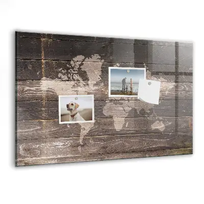 Magnetic World map wall board on wood