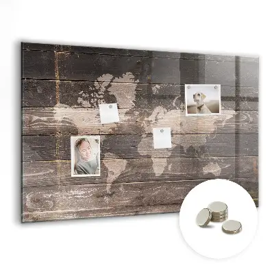 Magnetic World map wall board on wood