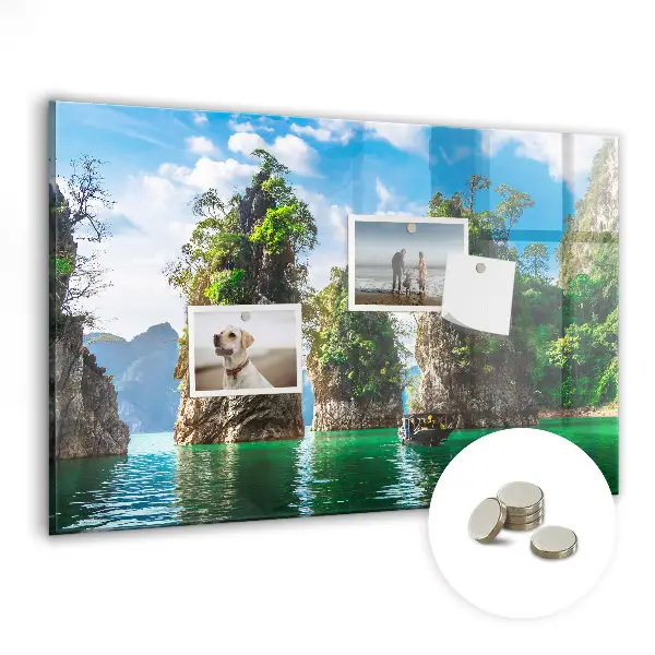 Magnetic glass dry erase board featuring a lake and trees nature scene