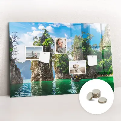 Magnetic glass dry erase board featuring a lake and trees nature scene