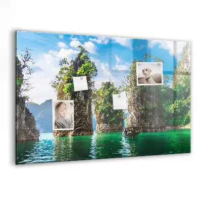 Magnetic glass dry erase board featuring a lake and trees nature scene