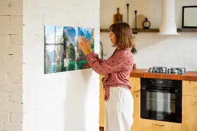 Magnetic glass dry erase board featuring a lake and trees nature scene