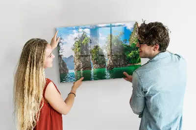Magnetic glass dry erase board featuring a lake and trees nature scene