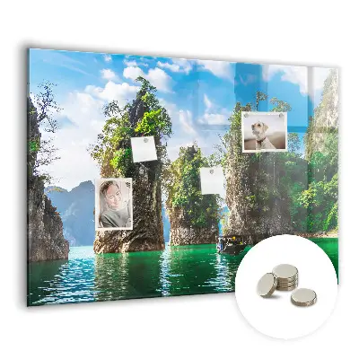 Magnetic glass dry erase board featuring a lake and trees nature scene