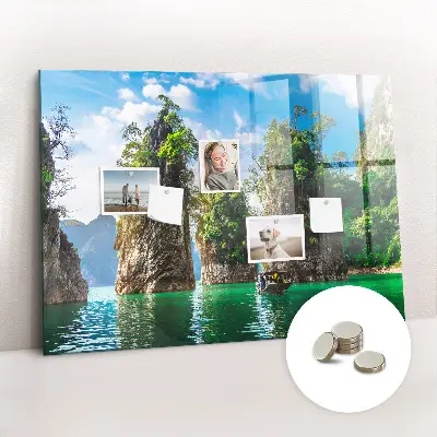 Magnetic glass dry erase board featuring a lake and trees nature scene