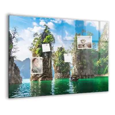 Magnetic glass dry erase board featuring a lake and trees nature scene