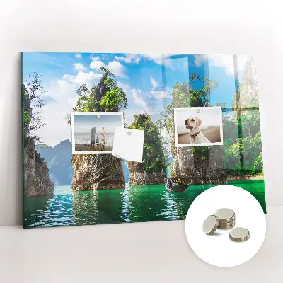 Magnetic glass dry erase board featuring a lake and trees nature scene