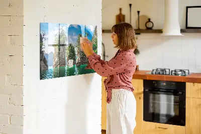 Magnetic glass dry erase board featuring a lake and trees nature scene