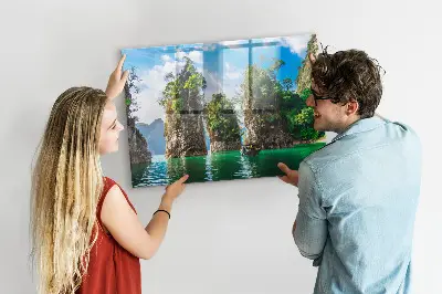 Magnetic glass dry erase board featuring a lake and trees nature scene