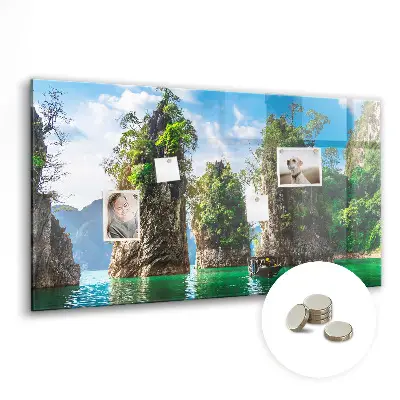 Magnetic glass dry erase board featuring a lake and trees nature scene