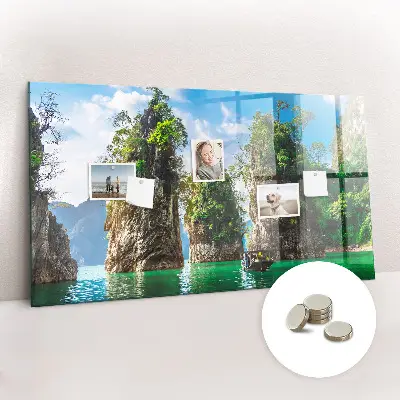 Magnetic glass dry erase board featuring a lake and trees nature scene