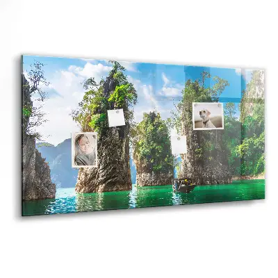Magnetic glass dry erase board featuring a lake and trees nature scene