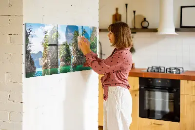 Magnetic glass dry erase board featuring a lake and trees nature scene