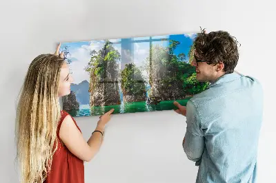 Magnetic glass dry erase board featuring a lake and trees nature scene