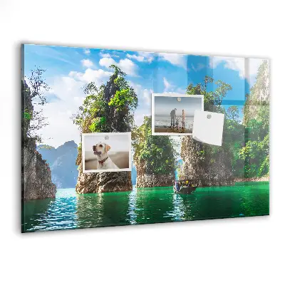 Magnetic glass dry erase board featuring a lake and trees nature scene